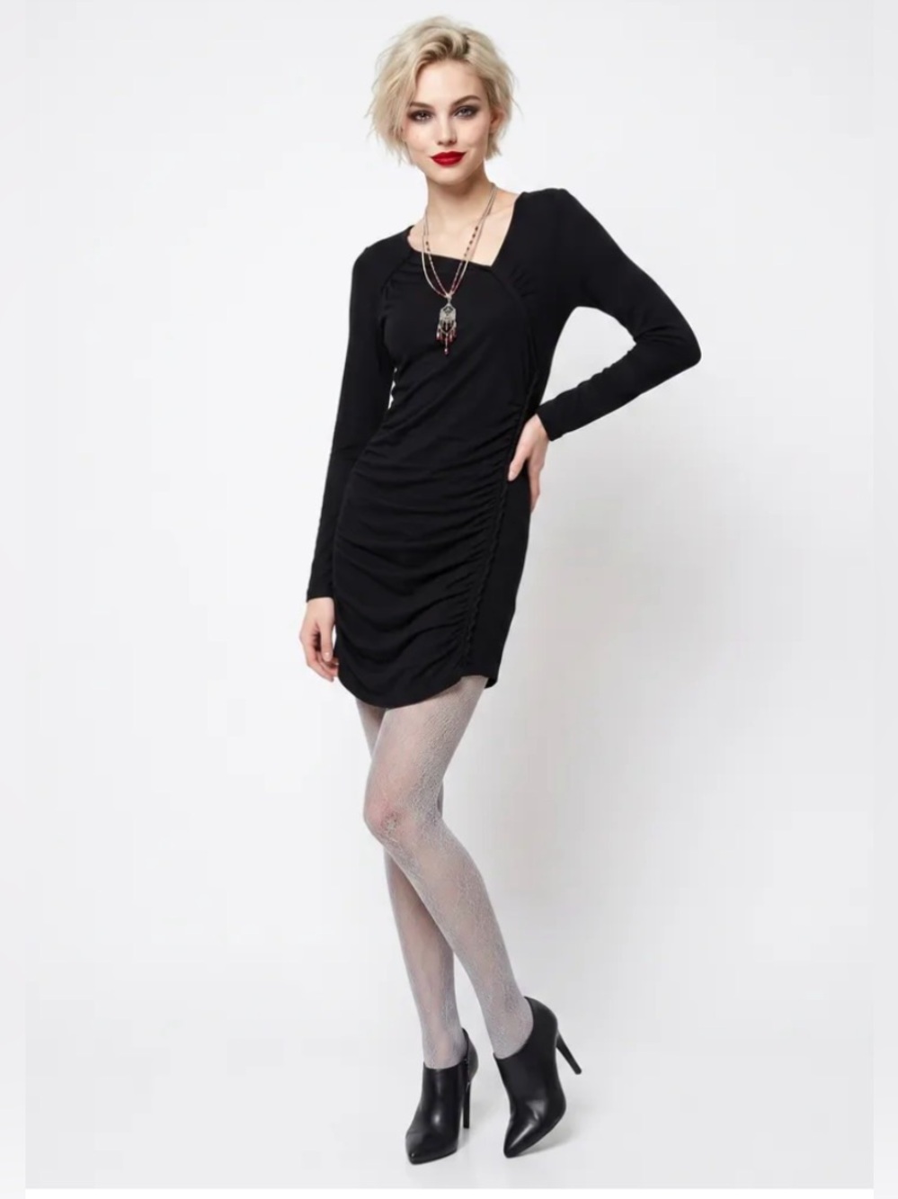 DESIGN HISTORY black tunic long sleeve mini dress Tee Ruching and draping